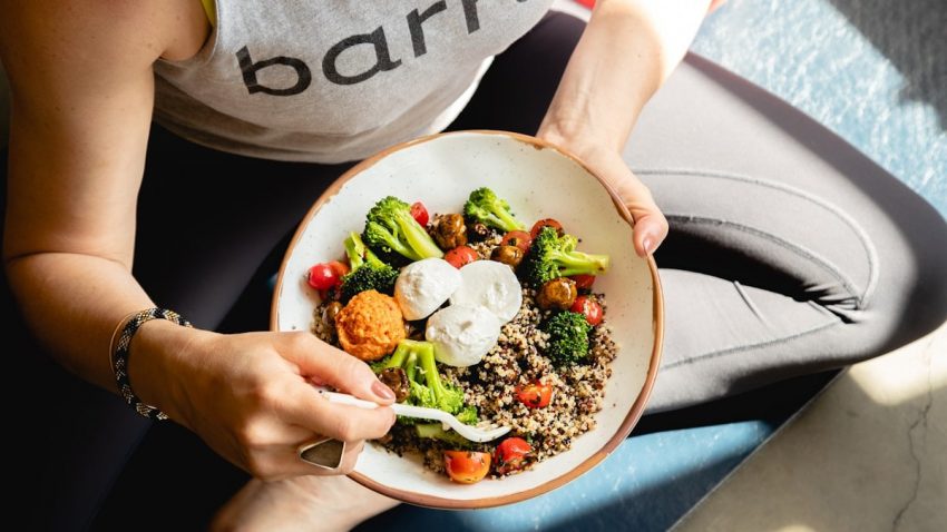healthy grain and salad bowl after yoga class
